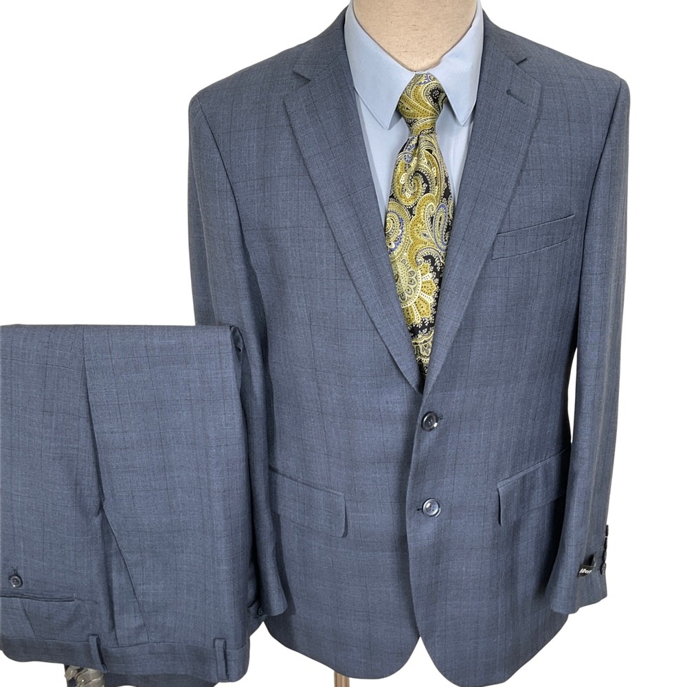 Alberto Cardinali Suit Mens 42S 36W 27L Blue Gray Plaid‎ Slim Fit  Lightweight